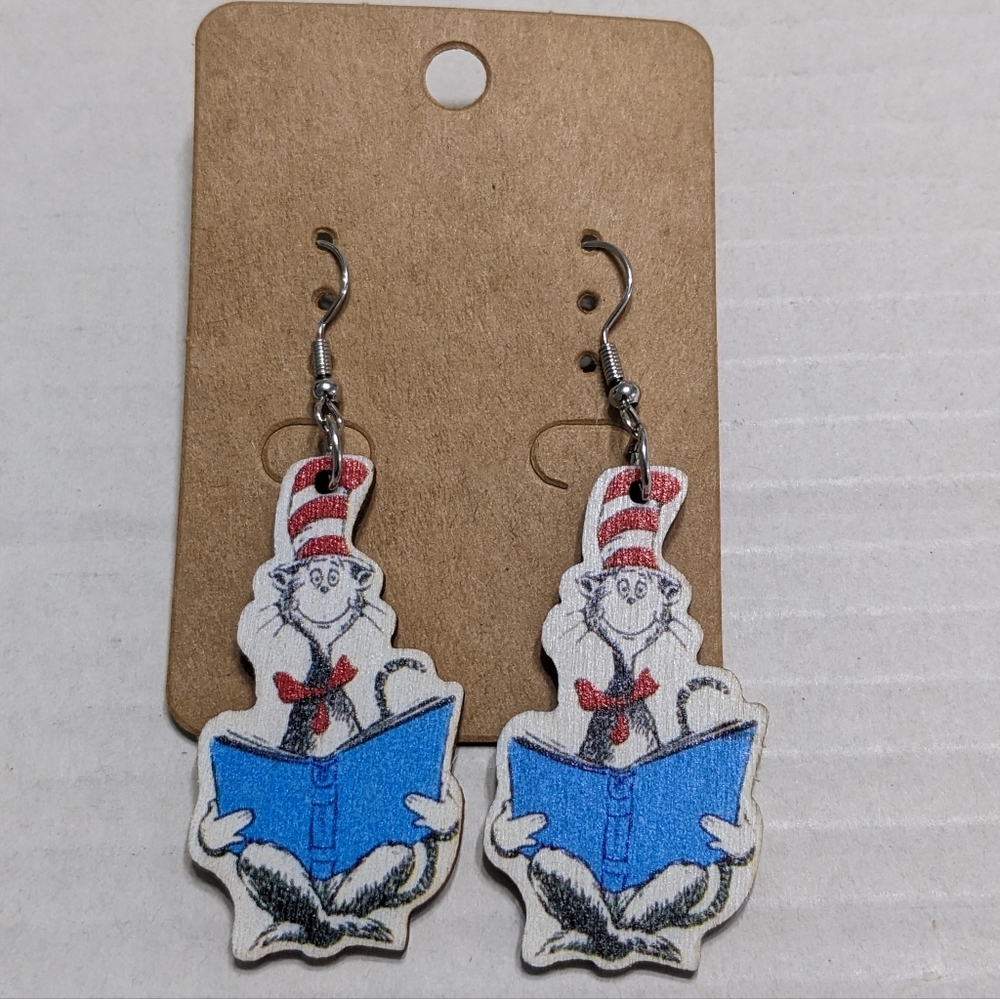 Dr. Seuss Cat In The Hat Reading Book Wood Earrings, New With Tag